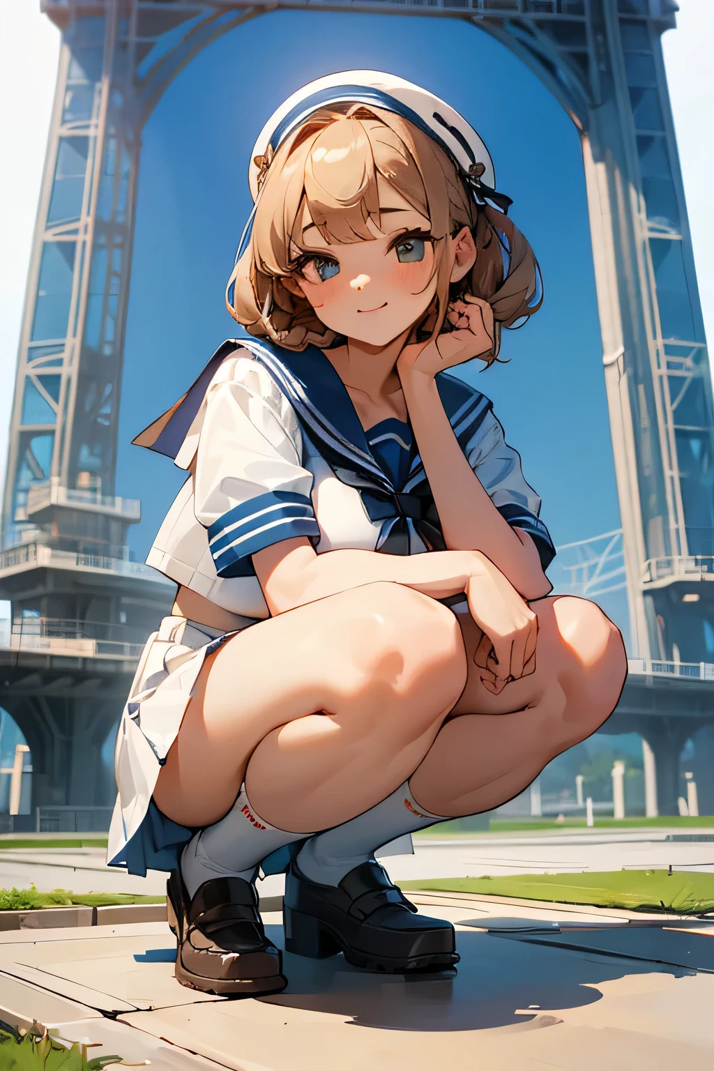 Highest quality、High resolution、Detailed Background、(Beautiful face in every detail:1.4)、Detailed facial expressions、Anatomically correct、age beauty、(Huge breasts:1.2)、cute hair color、Braided Bob、Braided Ponytail、cute hairstyle、Perfect body line、Attractive thighs、Cute gestures、Tokyo Sky Tree、A big smile、smile、cute、
White Sailor Suit、White sailor collar、Pleated mini skirt、White Stockings、
squat down、I can see my underwear when I squat down、Panty shot、
(A girl squatting playfully with a landmark in the background:1.5)