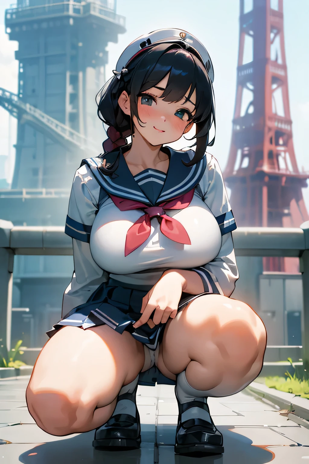 Highest quality、High resolution、Detailed Background、(Beautiful face in every detail:1.4)、Detailed facial expressions、Anatomically correct、age beauty、(Huge breasts:1.2)、cute hair color、Braided Bob、Braided Ponytail、cute hairstyle、Perfect body line、Attractive thighs、Cute gestures、Tokyo Sky Tree、A big smile、smile、cute、
White Sailor Suit、White sailor collar、Pleated mini skirt、White Stockings、
squat down、I can see my underwear when I squat down、Panty shot、
(A girl squatting playfully with a landmark in the background:1.5)