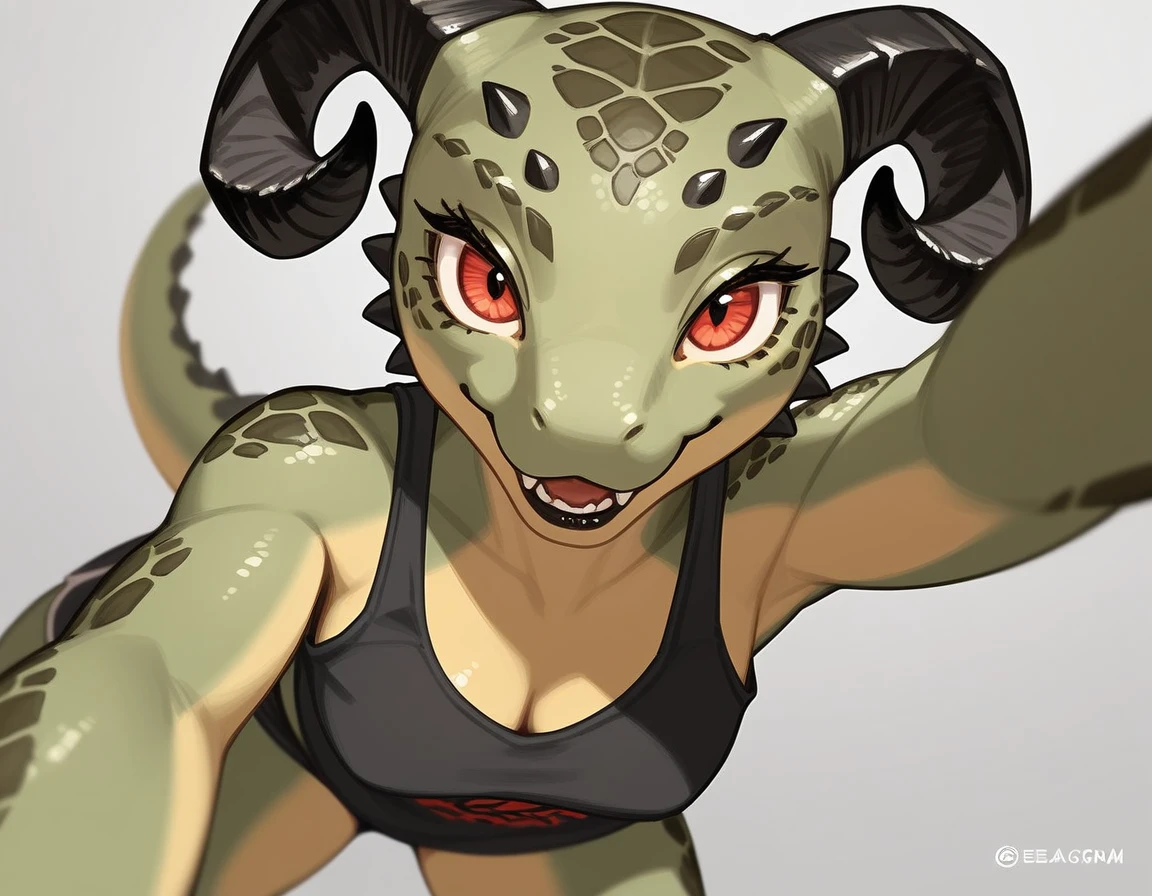 (((Masterpiece))), ((4k)), (best body), Solo, score_9,score_8_up,score_7_up, Anthro deathclaw from fallout, Anthro reptile girl, snout, green scaled skin, gold eyes, black lips, black horns, black ram horns, athletic body, smiling, wearing brown laced tank top, pov, pov she is holding viewers face, pov she is holding viewer, simple grey background