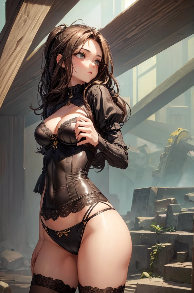 ((Best Quality)), ((Masterpiece)), (detailed), 1 16 year old girl, long brown hair , grey eyes, bigger breasts, thin waist, wide hips, a good ass, shapely legs, with a bra and short shorts