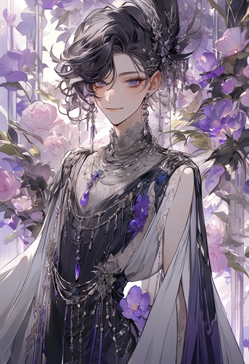 Feminine boy, soft womanish facial features, smile, squinted siren dark blue eyes without glare, silver and dark purple long loose hair with straight bang, fantasy black clothes with blue and purple elements, long black gloves, model, gorgeous, elegant, lots of silver jewelry, flowers in his hair, skinny body, hourglass figure