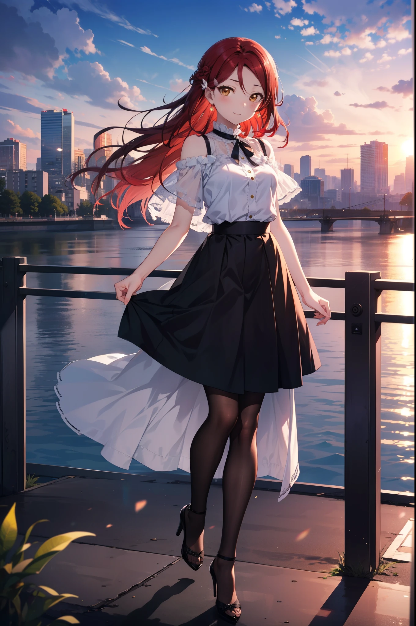 rikosakurauchi, Riko Sakurauchi, (Brown eyes:1.5), Hair between the eyes, Long Hair, (Redhead:1.5), (Small breasts:1.2), smile,Cold Shoulder Shirt,Short sleeve,Long skirt,Black pantyhose,Stiletto heels,The sun is rising,morning,morning陽,Walking,So that the whole body goes into the illustration,
break looking at viewer, 全身
break outdoors, Building district,
break (masterpiece:1.2), Highest quality, High resolution, unity 8k wallpaper, (figure:0.8), (Beautiful attention to detail:1.6), Highly detailed face, Perfect lighting, Highly detailed CG, (Perfect hands, Perfect Anatomy),