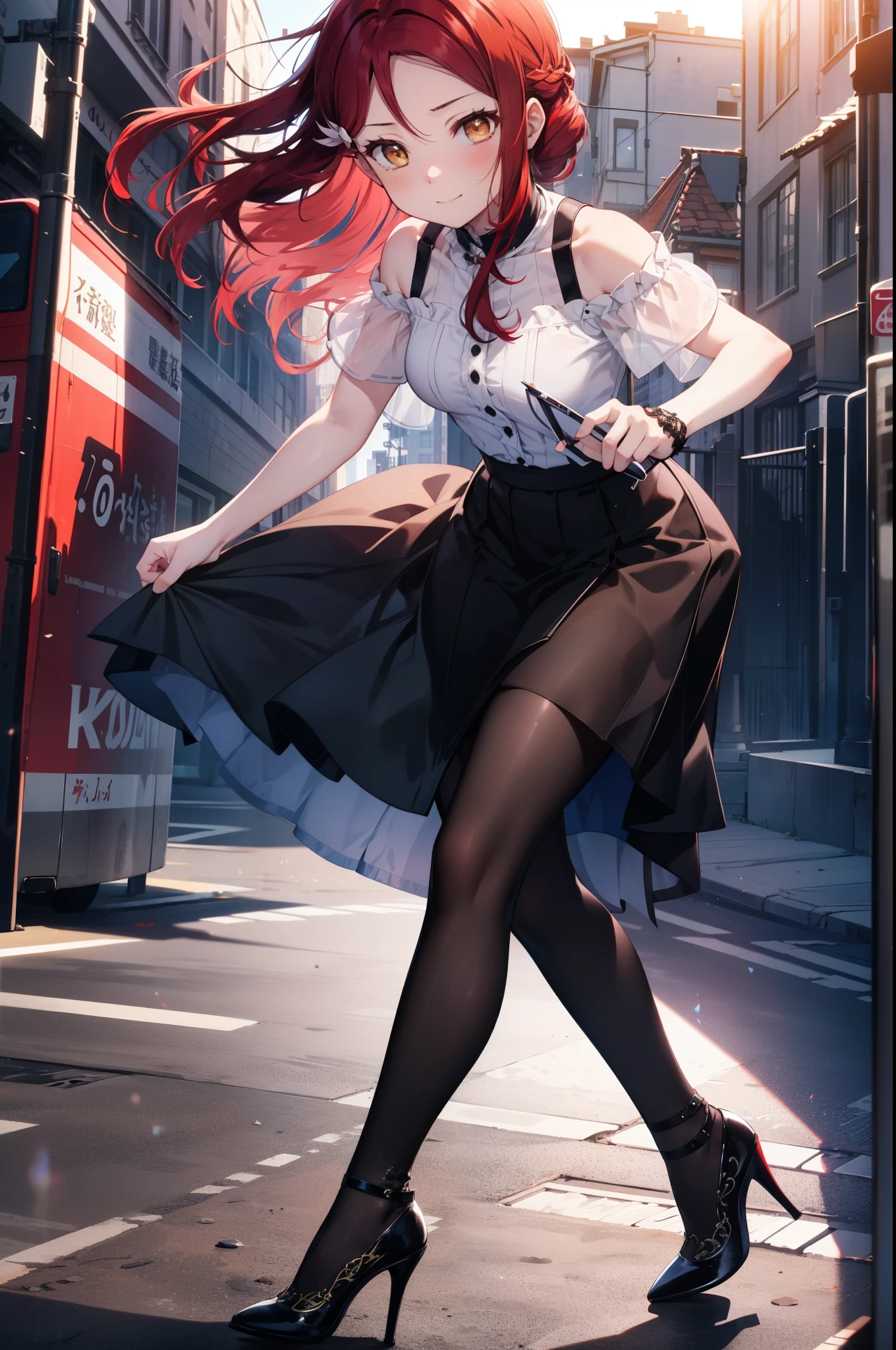 rikosakurauchi, Riko Sakurauchi, (Brown eyes:1.5), Hair between the eyes, Long Hair, (Redhead:1.5), (Small breasts:1.2), smile,Cold Shoulder Shirt,Short sleeve,Long skirt,Black pantyhose,Stiletto heels,The sun is rising,morning,morning陽,Walking,So that the whole body goes into the illustration,
break looking at viewer, 全身
break outdoors, Building district,
break (masterpiece:1.2), Highest quality, High resolution, unity 8k wallpaper, (figure:0.8), (Beautiful attention to detail:1.6), Highly detailed face, Perfect lighting, Highly detailed CG, (Perfect hands, Perfect Anatomy),