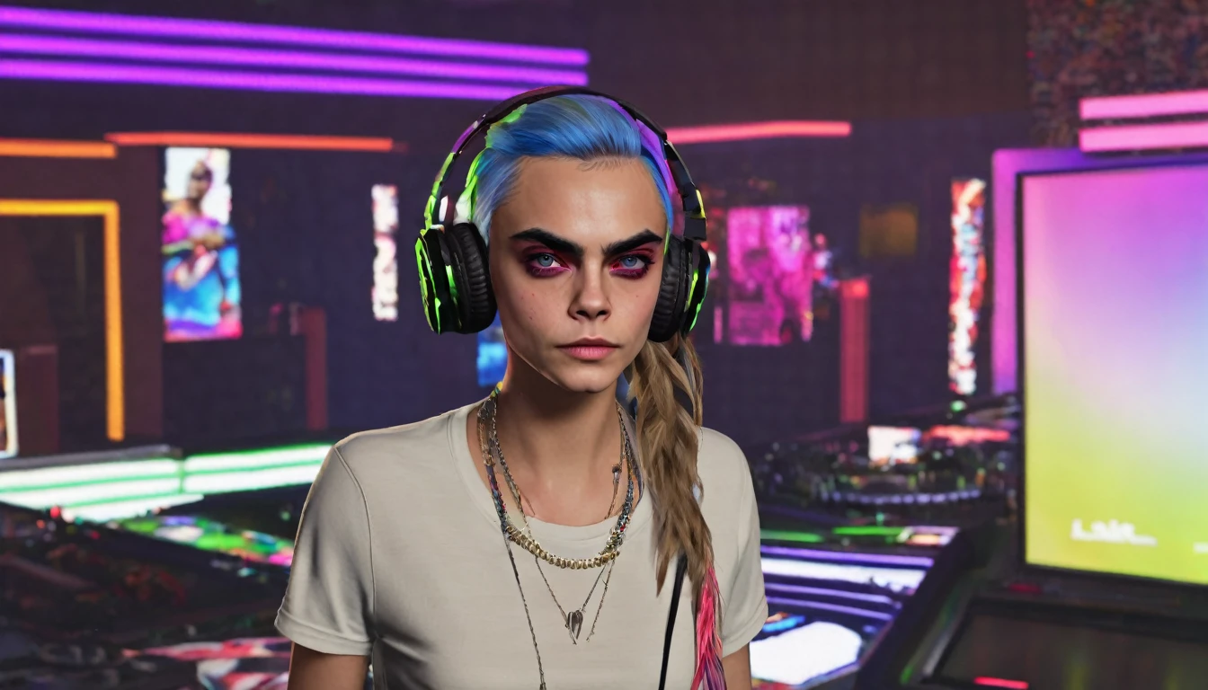 cara delevingne as a dj. LA, holywood, gta V style,ohwx woman, gta gameplay in miami, GTA screenshot, unreal engine 5