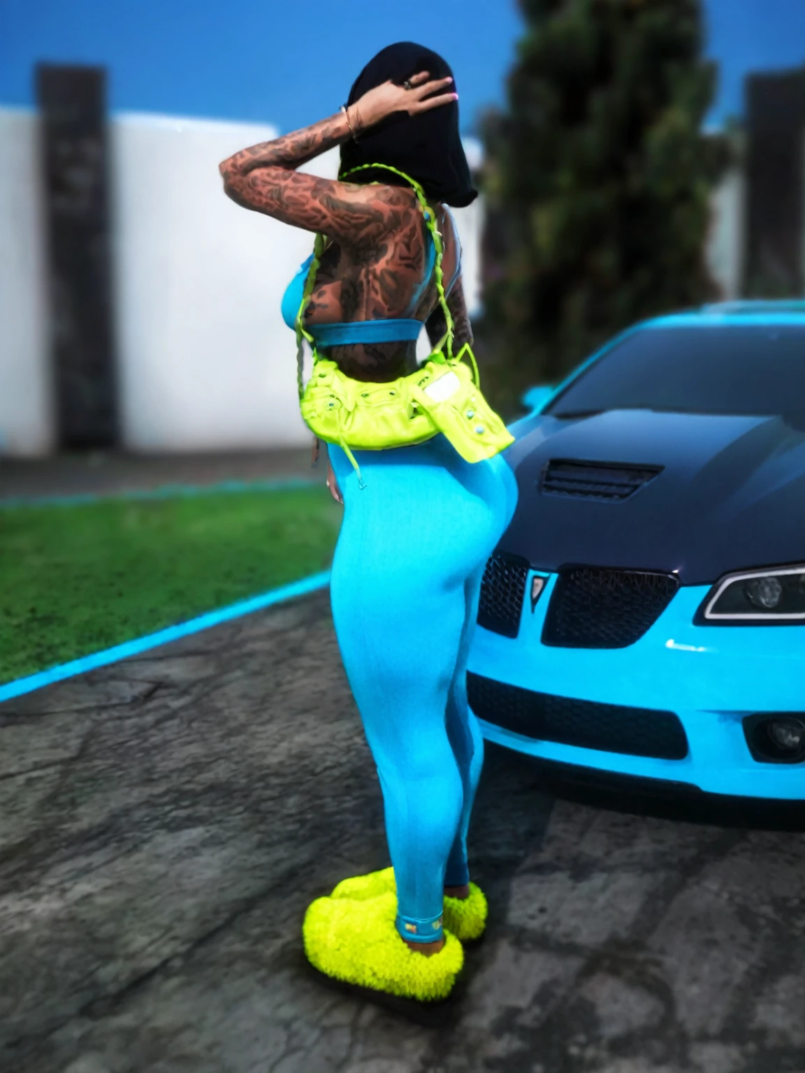 araffe in a blue outfit standing next to a blue sports car, neon vibes, blue neon details, neon vibe, neon color details, blue neon accents, blue neon, neon blue, cyan headlights, wearing a neon blue hoodie, fluo details, ((neon colors)), neon colored, full body!! maximalist details
