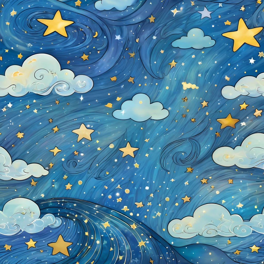 starry night sky with clouds and stars and a wave, stars and paisley filled sky, night sky with clouds and stars, cosmic starry sky, sky strewn with stars, starry background, stary sky, starry night sky, baroque painting. star lit sky, background is made of stars, ocean pattern and night sky, stary night painting, dreamy illustration, starry sky