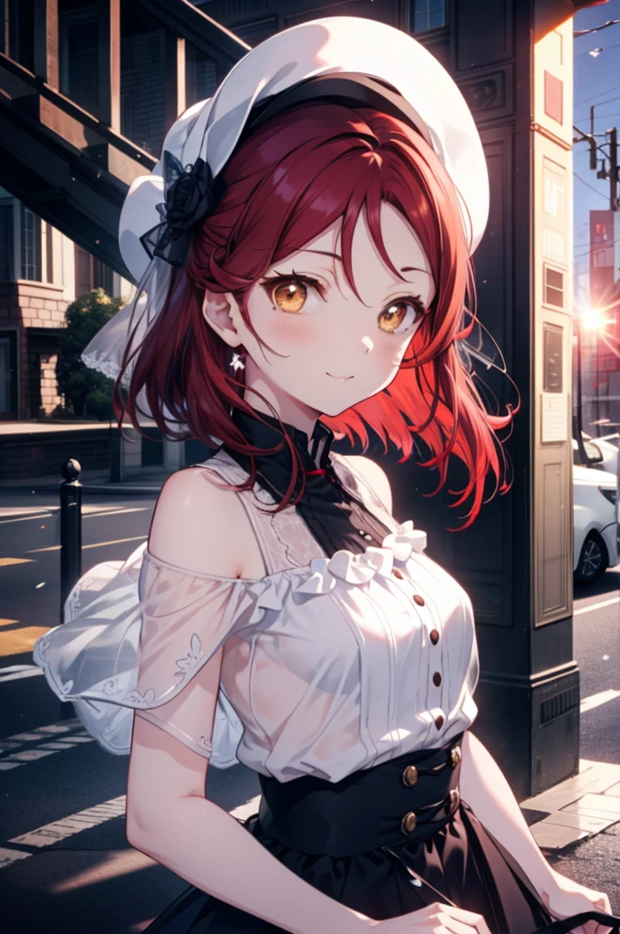 rikosakurauchi, Riko Sakurauchi, (Brown eyes:1.5), Hair between the eyes, Long Hair, (Redhead:1.5), (Small breasts:1.2), smile,Cold Shoulder Shirt,Short sleeve,Long skirt,Black pantyhose,Stiletto heels,The sun is rising,morning,morning陽,Walking,So that the whole body goes into the illustration,
break looking at viewer, 全身
break outdoors, Building district,
break (masterpiece:1.2), Highest quality, High resolution, unity 8k wallpaper, (figure:0.8), (Beautiful attention to detail:1.6), Highly detailed face, Perfect lighting, Highly detailed CG, (Perfect hands, Perfect Anatomy),