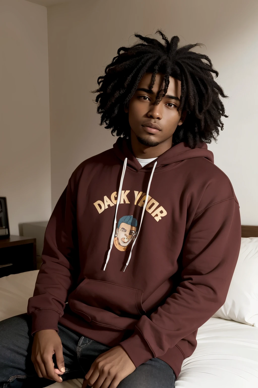 I want you to draw a Latin American character in anime style, dark-skinned, acendendo um cigarro, sitting on a bed in a darker room. He must be wearing a red sweatshirt and part of his hair is covered by the sweatshirt cap., some curls stick out of the sweatshirt