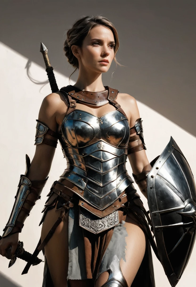 smooth lines, Express expressions and postures through ink contrast, The background is simple. emphasize light, shadow and space. ((full body):1.3), Drawing of Mature beauty. ((Detailed eye):1.3),((fresh)), wearing gladiator armor, painting, (best quality,4K,8k,high resolution,masterpiece:1.2),Super detailed,(actual,photoactual,photo-actual:1.37).
