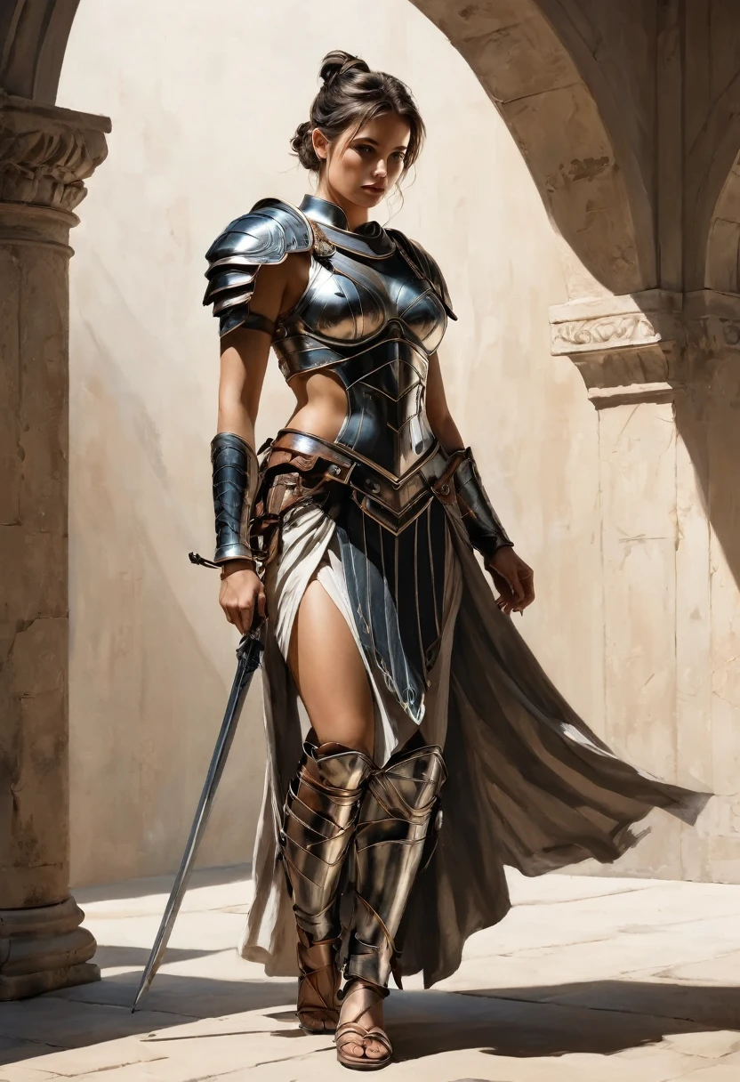 smooth lines, Express expressions and postures through ink contrast, The background is simple. emphasize light, shadow and space. ((full body):1.3), Drawing of Mature beauty. ((Detailed eye):1.3),((fresh)), wearing gladiator armor, painting, (best quality,4K,8k,high resolution,masterpiece:1.2),Super detailed,(actual,photoactual,photo-actual:1.37).