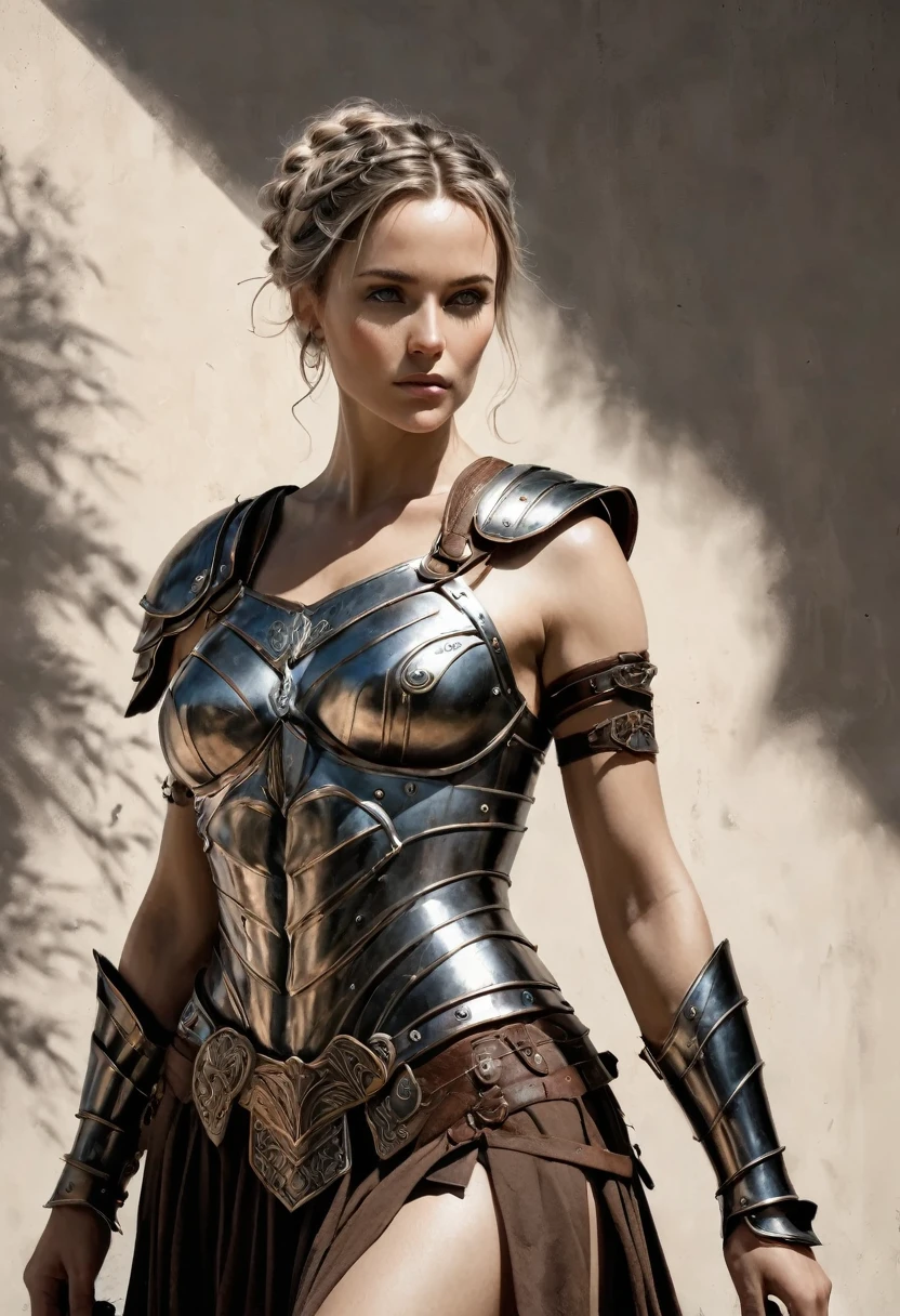 smooth lines, Express expressions and postures through ink contrast, The background is simple. emphasize light, shadow and space. ((full body):1.3), Drawing of Mature beauty. ((Detailed eye):1.3),((fresh)), wearing gladiator armor, painting, (best quality,4K,8k,high resolution,masterpiece:1.2),Super detailed,(actual,photoactual,photo-actual:1.37).