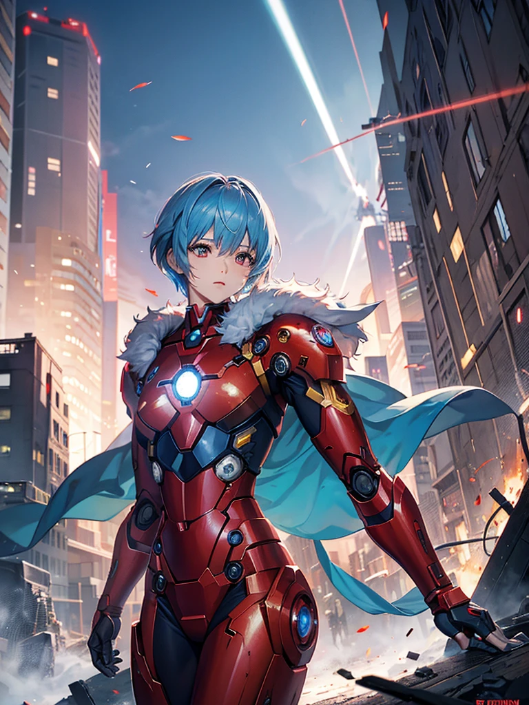 Rei Ayanami, blue fur, red pupils, Iron man costume, city background throws rubble after a fight,