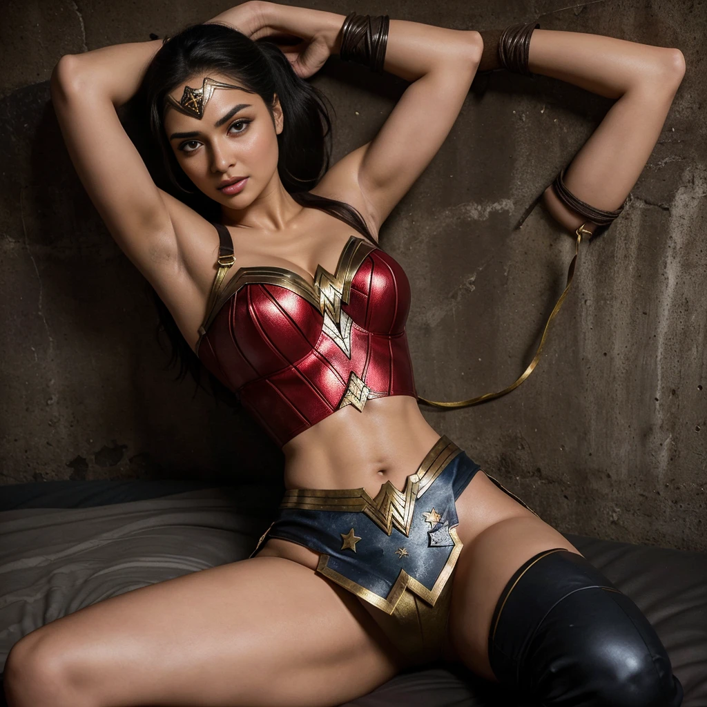 1girl, beautiful girl, wonder woman, skirt, hanging, half body, (close eyes:1.3, weak, powerless, sleep), bruises body, ((lying on the bed)), bondage, slavery, restraint, (basement wall background, dirty, dark, creepy), best quality, masterpiece, arms up, comic style, cartoon source, Indian super model, wearing wonder woman outfit, sexy , huge breast, cleavage, oily skin, lusty looks, plus size model, sexy expression, high end makeup, smokey eye, black ponytail hair, 8k, cinematic, face mix of alia bhatt and   deepika padukone