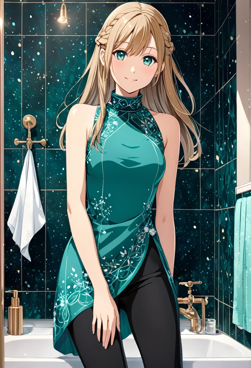solo, 1, tall, old figure, (straight hair with braid end (dark blonde)), beautiful face, (close mouth:1.2), smiling softly, small breast flat, teal colored crystal themed sleeveless mock-neck dress, black leggings pants and skirts overlay, bathromm, anime style