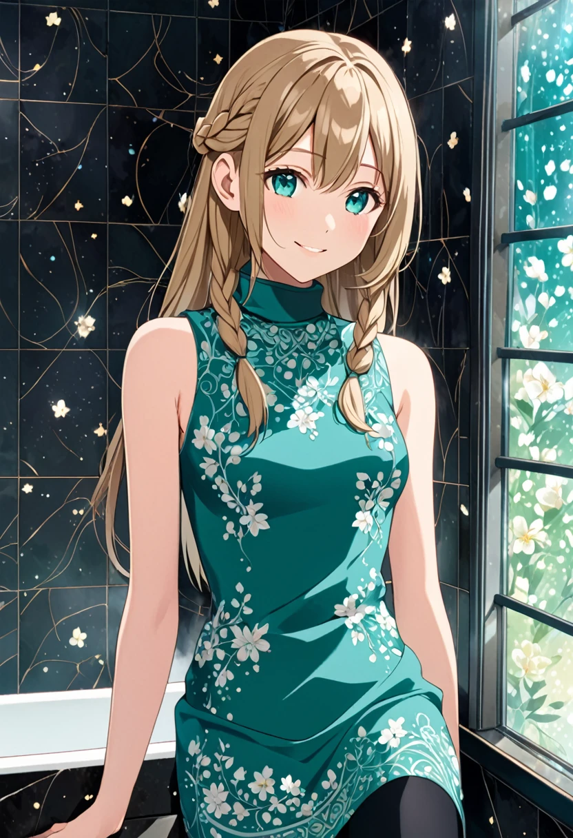  solo, 1, tall, old figure, (straight hair with braid end (dark blonde)), beautiful face, (close mouth:1.2), smiling softly, small breast flat, teal colored crystal themed sleeveless mock-neck dress, black leggings pants and skirts overlay, bathromm, anime style