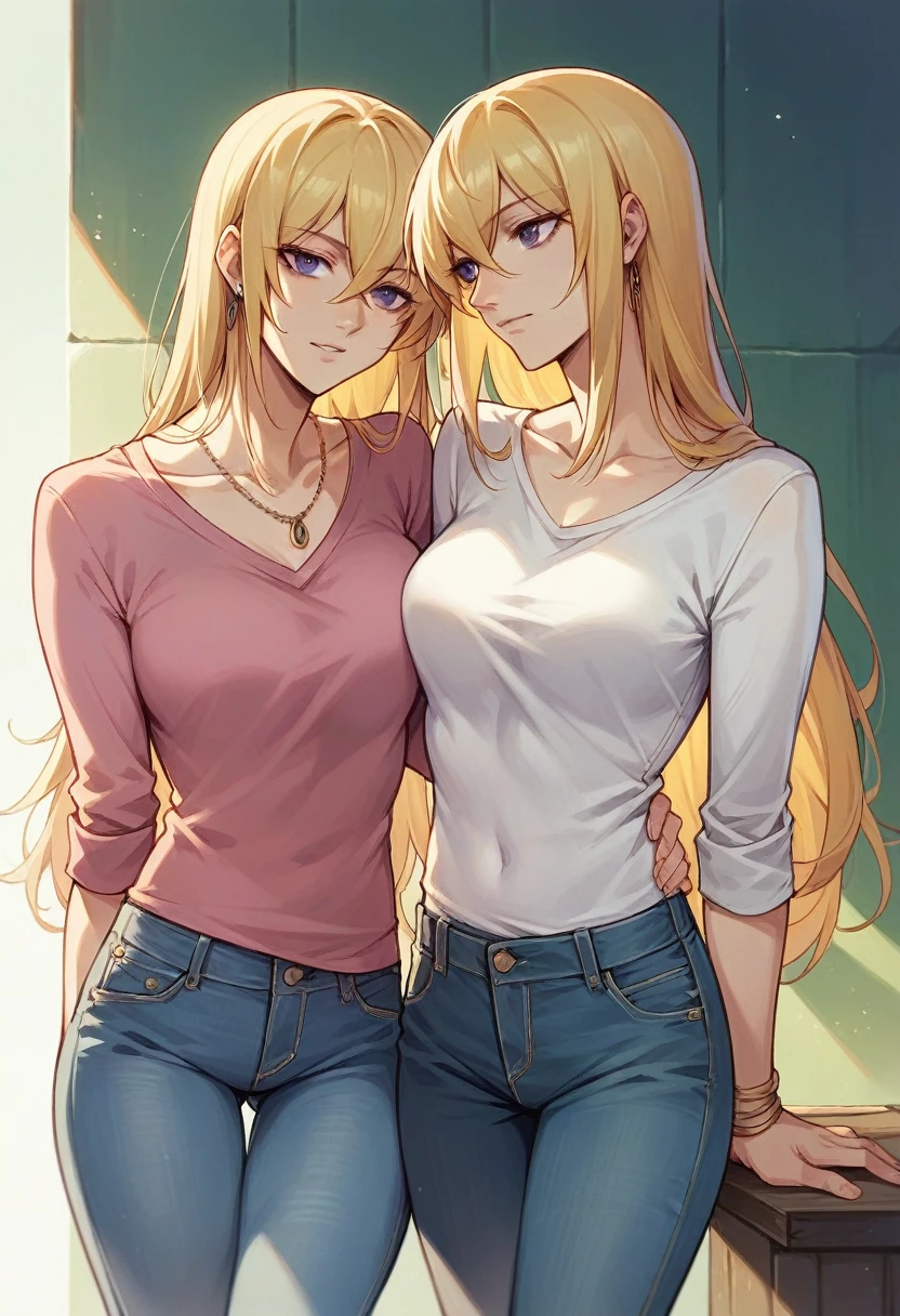 best resolution, 2 heads, two different people become conjoined, different heads, braided hair, blonde, eyeliner, 25 years old, cute, flirting, , sexy, tanktop, jeans, outside in backyard,