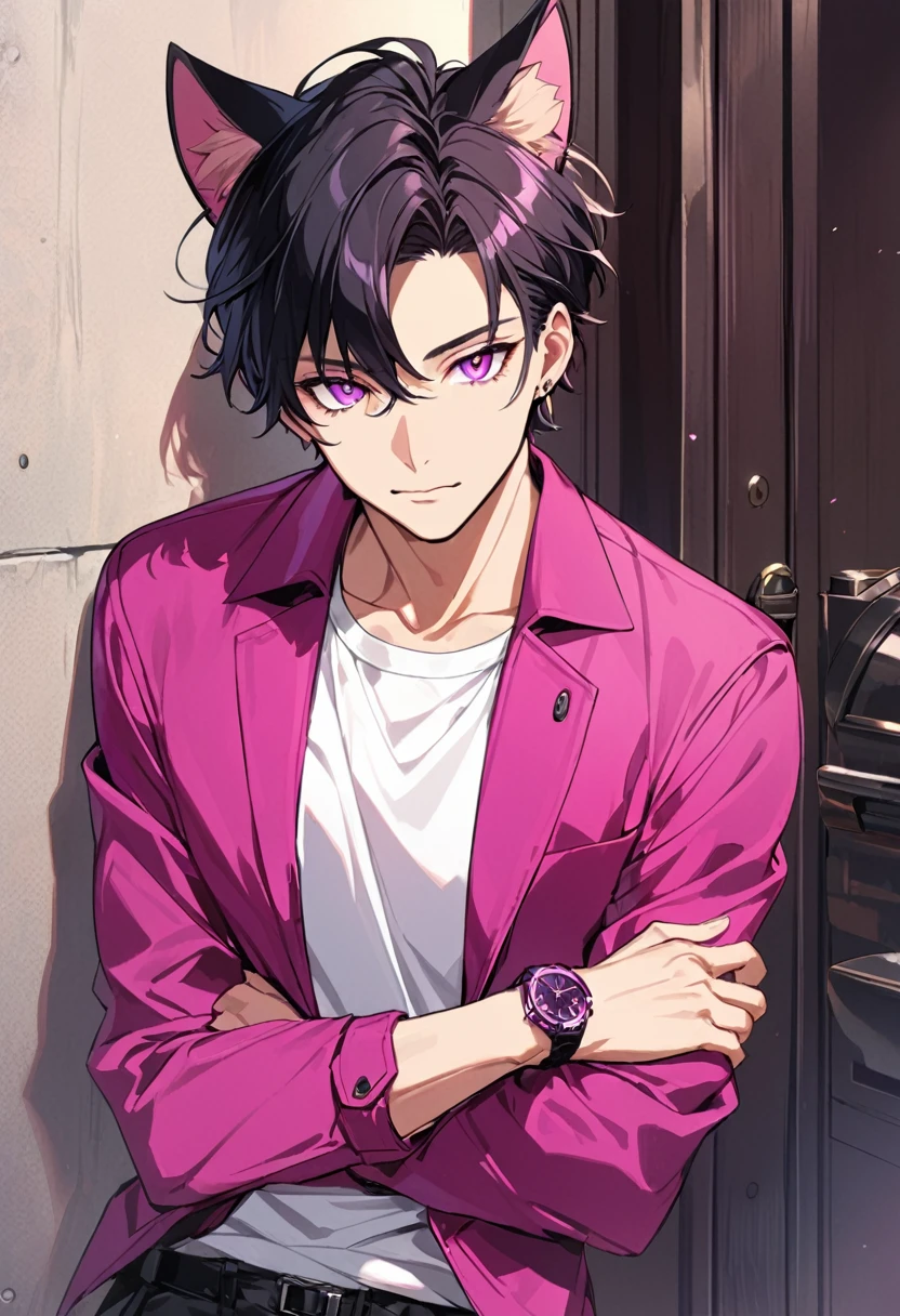 1man, short black hair, only cat ears, bright magenta eyes, wearing a magenta casual jacket, wearing a white undershirt, wearing black pants , wearing o vintage magenta watch, showing watch.