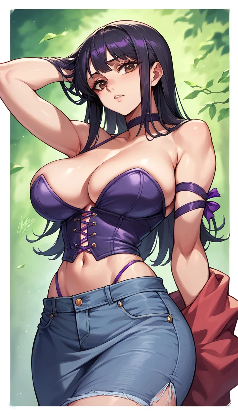 A tall sexy sensual girl Beautiful big breast long black hair her brown eye wears a corset purple thread shows navel and a purple denim skirt long purple heel 