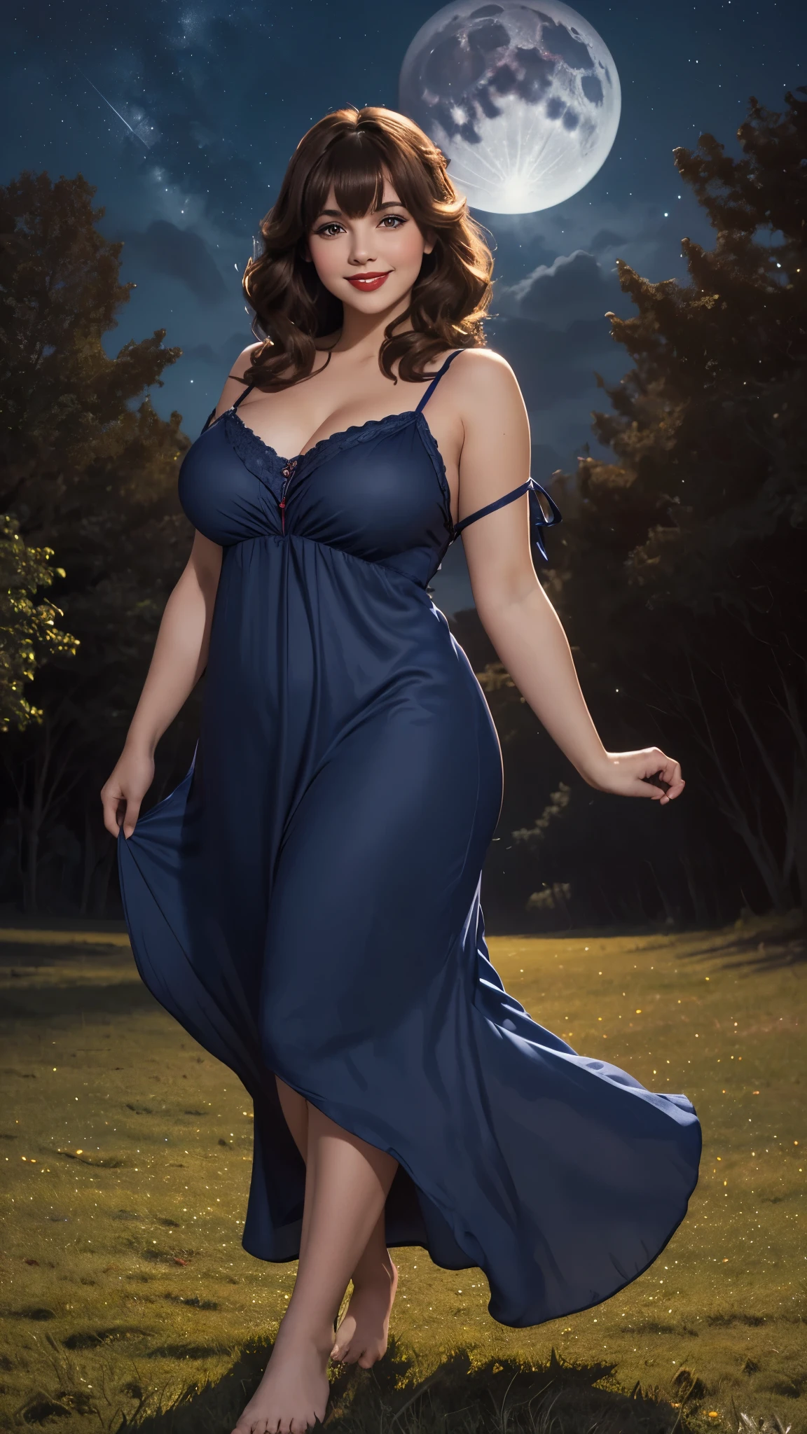 DisneyAurora, 27 years old, full body view Beautiful woman (((shoulder length brown hair, two side up with bangs))) defined body, voluptuous, sexy, cherry red lipstick, arms by her sides, hands free, happily smiling, standing facing camera((( navy blue nightgown ))), in moonlit grassy field, (large_breasts:1.1) (curvy:1.0)