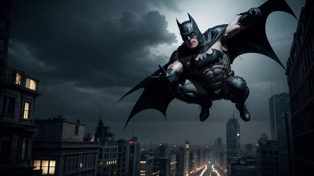 Creates a realistic, dark image of an older Batman inspired by the comic 'The Dark Knight Returns'. He displays a full-body action pose of a grey-haired and muscular Batman, his suit worn from years of battle. Batman must be on top of a building, gliding with his cape, throwing a batarang, or hanging from a rope. He highlights the age lines on his face, showing his determination and experience. The background should be a dark and gloomy Gothic city, with dramatic lighting that emphasizes the intensity of the scene. Capture the epic, almost mythical nature of an aging Dark Knight still fighting for justice.