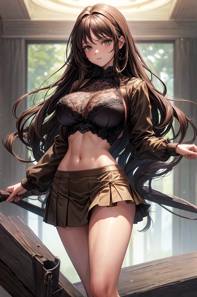 ((Best Quality)), ((Masterpiece)), (detailed), 1 16 year old girl, long brown hair , grey eyes, bigger breasts, thin waist, wide hips, a good ass, shapely legs, with a bra and a short skirt