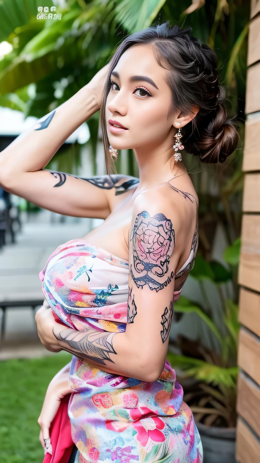 A beauty girl with tattoos on body, beautiful art tattoo detailed, ((text tattoo on body:LOVE)), Wearing sarong dress, detailed beautiful eyes, baby face, cute girl, big breast, earrings, 