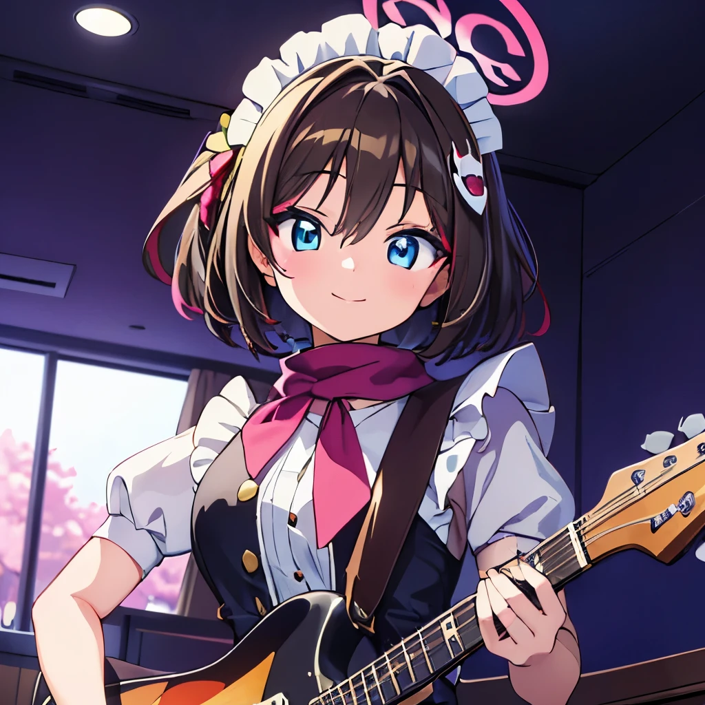 ((masterpiece)), ((best quality)), (ultra-detailed), anime style, Live performance venue, a cute girl, 1girl, solo, playing the guitar00, maid00, ((beautiful eyes))0, smile