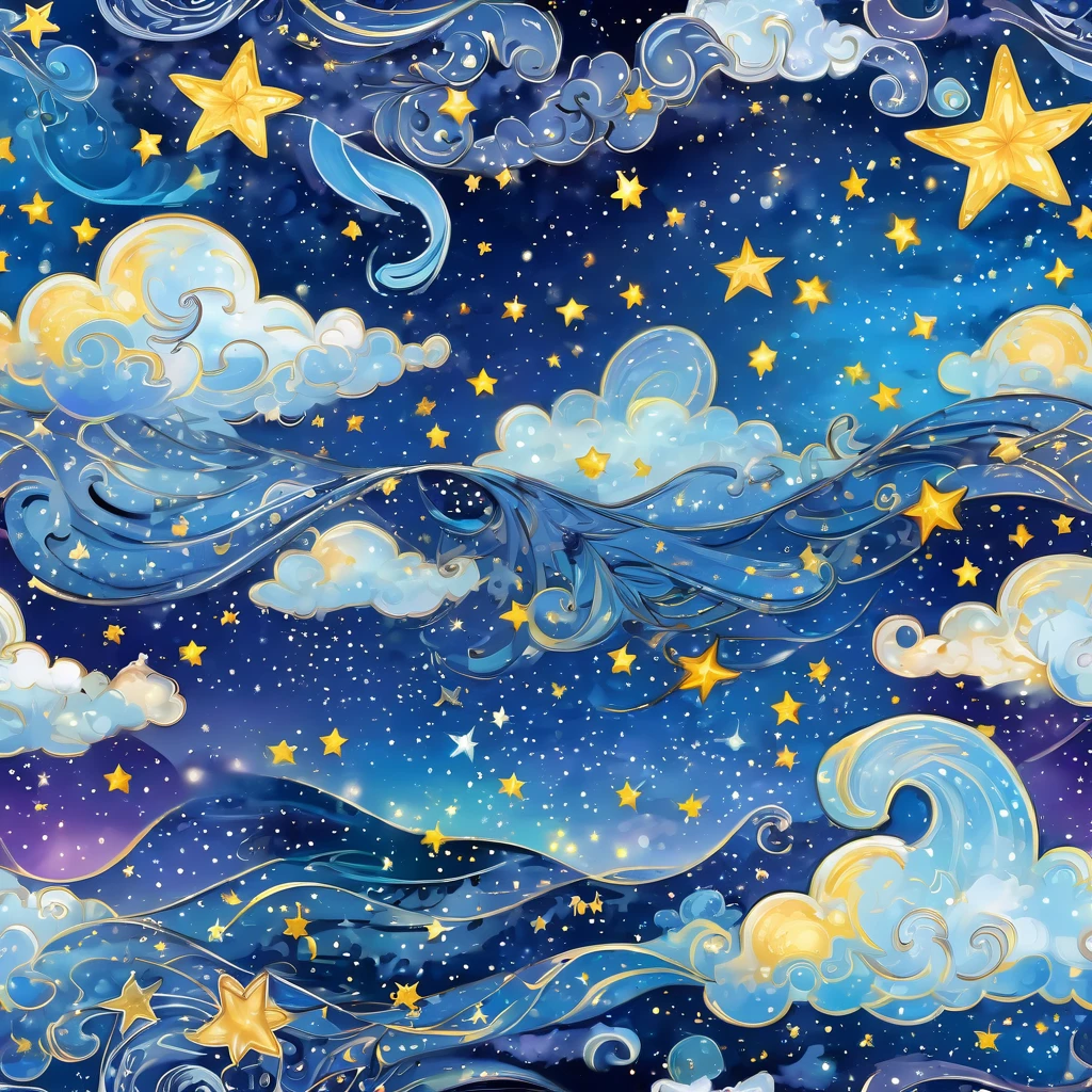 starry night sky with clouds and stars and a wave, stars and paisley filled sky, night sky with clouds and stars, cosmic starry sky, sky strewn with stars, starry background, stary sky, starry night sky, baroque painting. star lit sky, background is made of stars, ocean pattern and night sky, stary night painting, dreamy illustration, starry sky