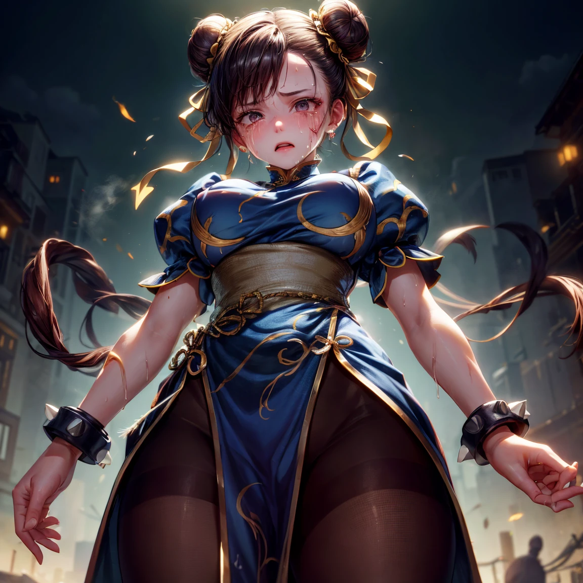 The best masterpieces, ultra-quality, ultra-detailliert, 超A high resolution, Illustration, Dim lighting, Photo, 8K, 1girl in, Outrageously beautiful and cute, Sweaty skin,(, Shy), ChunLi, hair buns, covered buns, chinese dress, qipao, blue outfit, spiked bracelets, puffy sleeves,SF2CL,Face full of scars、Skin shiny with sweat、 injured scared girl、 crying wet bursting out eyes, real tears streaming down face, ultra-detailed eyes,bandaid on face,covered with mud,expression of despair,Illumination that emphasizes shiny sweat{{{Spread }}},(crotch rope walking:1.0)