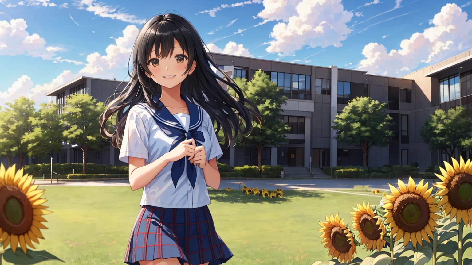 A large schoolyard in midsummer、The background is a summer blue sky, cumulonimbus clouds, school buildings and sunflowers.、A shot of a high school girl、She is wearing a summer private high with a checkered skirt all over.、Her long black hair is blowing in the wind.、She is looking up at the sky in a cute pose with a refreshing smile of youth.。