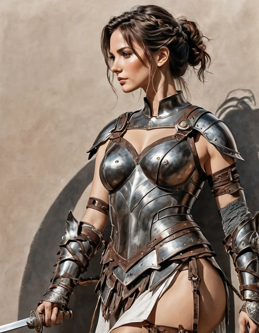 smooth lines, Express expressions and postures through ink contrast, The background is simple. emphasize light, shadow and space. ((full body):1.3), Drawing of Mature beauty. ((Detailed eye):1.3),((fresh)), wearing gladiator armor, painting, (best quality,4K,8k,high resolution,masterpiece:1.2),Super detailed,(actual,photoactual,photo-actual:1.37).