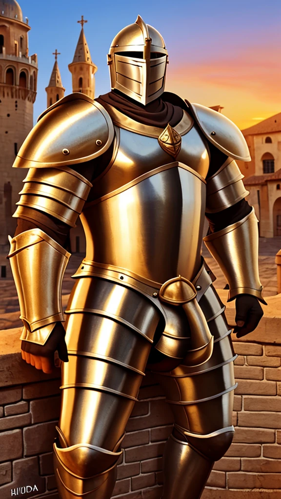 old knight, wearing armor prateada, revealing armor, busy medieval mediterranean city background, muscular, wearing armor, nice bulge, sweaty body, Sunset, golden hour time, latex, sexy armor, big dick outside, thickdick, enjoyed, humida