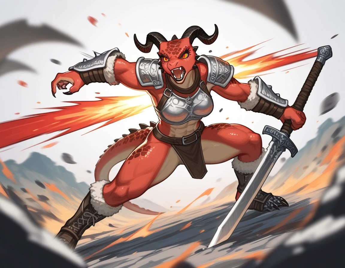 Solo, score_9,score_8_up,score_7_up, kemono style, Anthro Argonian female from skyrim, Anthro reptile girl, snout, red scaled skin, glowing red eyes, black lips, black horns, black ram horns, athletic body, and, wearing metal barbarians armor, barbarian boots, holding a great sword, swinging around a giant sword, simple background, dynamic action effects, screaming, snarling,