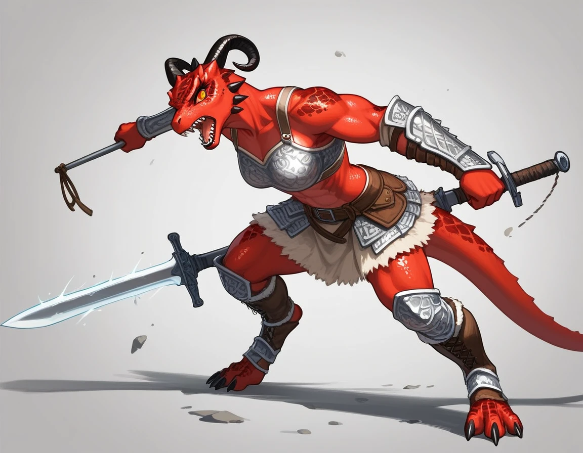 Solo, score_9,score_8_up,score_7_up, kemono style, Anthro Argonian female from skyrim, Anthro reptile girl, snout, red scaled skin, glowing red eyes, black lips, black horns, black ram horns, athletic body, and, wearing metal barbarians armor, barbarian boots, holding a great sword, swinging around a giant sword, simple background, dynamic action effects, screaming, snarling, 