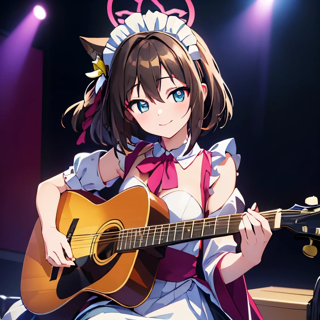 ((masterpiece)), ((best quality)), (ultra-detailed), anime style, Live performance venue, a cute girl, 1girl, solo, playing the guitar00, maid00, ((beautiful eyes))0, smile