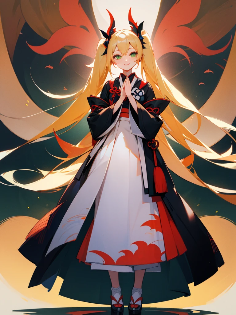 Full-body portrait、Are standing、True Face、woman、Foreigners、Blonde、Twin tails、Green Eyes、Onmyoji、Onmyojiの服、smile
