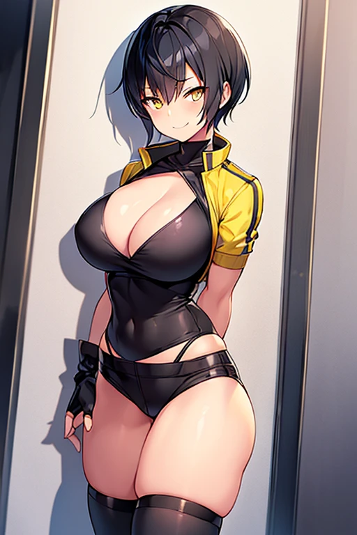 1girl, spiked hair, very short hair, yellow eyes, tan, tan skin, tan-skinned female, black hair, pixie cut, large breasts, hourglass figure, thick thighs, smile, smirk, smug, toned, white shirt, jacket, sneakers, black jacket, shirt, short pants, shorts, standing, full body, thighhighs, black thighhighs, fingerless gloves