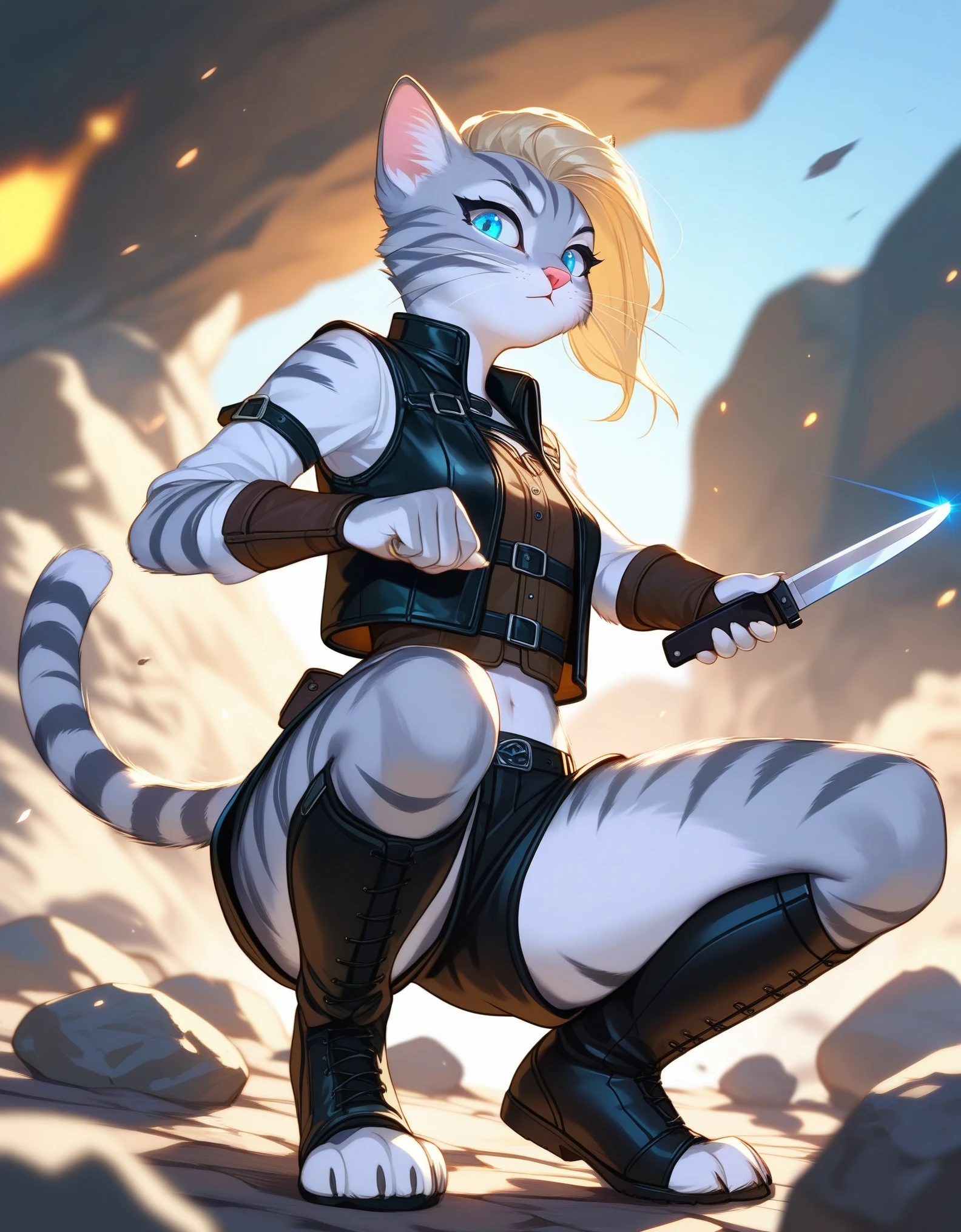 Solo, score_9,score_8_up,score_7_up, source_furry, kat, Anthro furry feline, female, tall slender body, long blonde hair, undercut hair, pink nose, :3, blue eyes, white whiskers, silver fur, grey stripes, furry body, wearing black cloth vest, black leather medieval vest, black short shorts, adventuring gear, outdoors, nighttime, squatting, assassins pose, holding a combat knife, eyes glowing blue, on a rock, low angle shot