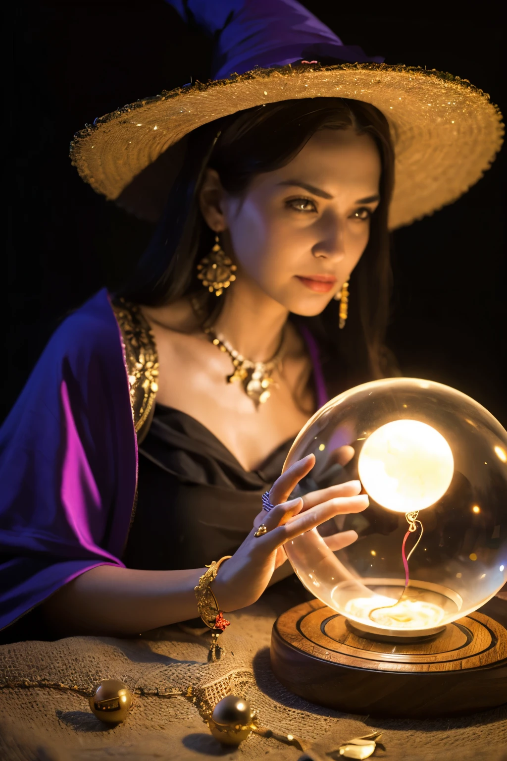 A bewitching astrologer, a glowing crystal ball, words of prophecy,