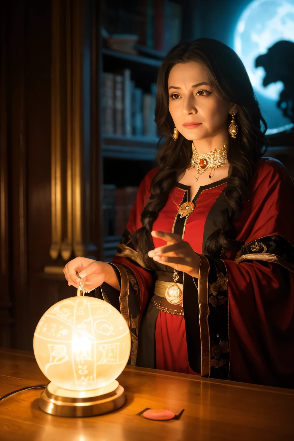 A bewitching astrologer, a glowing crystal ball, words of prophecy,