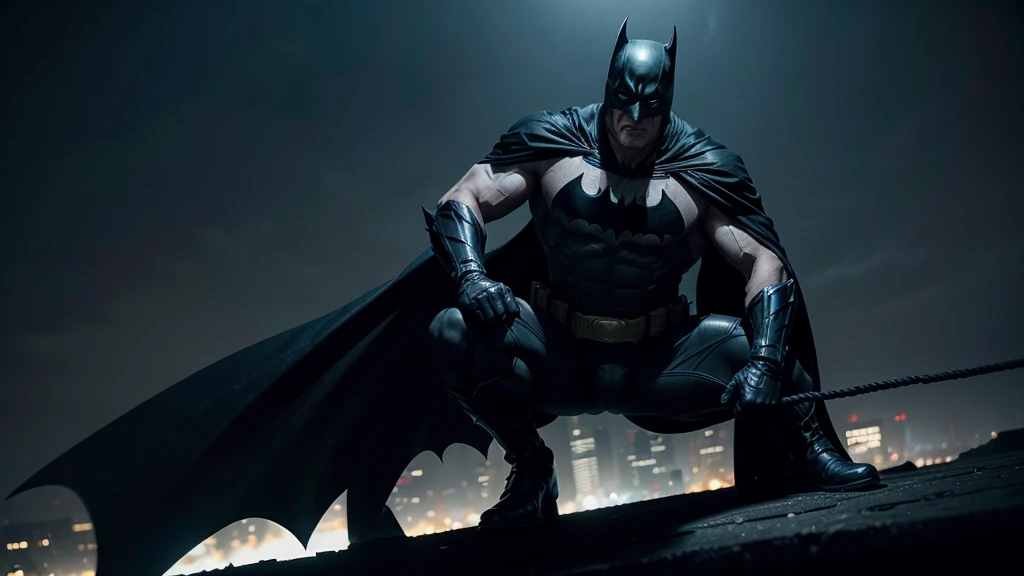Creates a realistic, dark image of an older Batman inspired by the comic 'The Dark Knight Returns'. He displays a full-body action pose of a grey-haired and muscular Batman, his suit worn from years of battle. Batman must be on top of a building, gliding with his cape, throwing a batarang, or hanging from a rope. He highlights the age lines on his face, showing his determination and experience. The background should be a dark and gloomy Gothic city, with dramatic lighting that emphasizes the intensity of the scene. Capture the epic, almost mythical nature of an aging Dark Knight still fighting for justice.
