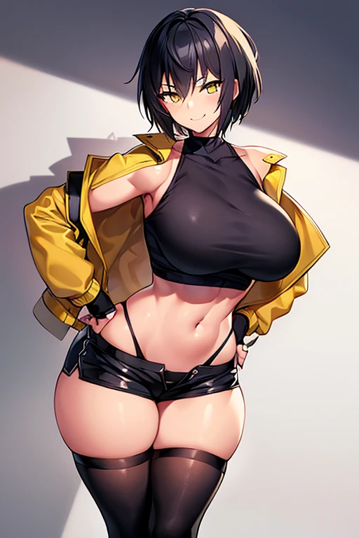 1girl, spiked hair, very short hair, yellow eyes, tan, tan skin, tan-skinned female, black hair, pixie cut, large breasts, hourglass figure, thick thighs, smile, smirk, smug, toned, white shirt, jacket, sneakers, black jacket, shirt, short pants, shorts, standing, full body, thighhighs, black thighhighs, fingerless gloves