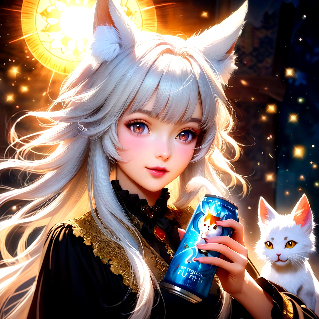 anime girl with white hair holding a cup of coffee, anime girl with cat ears, beautiful anime catgirl, very beautiful anime cat girl, cute anime catgirl, white cat girl, anime catgirl, anime cat, very beautiful cute catgirl, white - haired fox, girl with cat ears, anime girl drinks energy drink, realistic anime artstyle, attractive cat girl