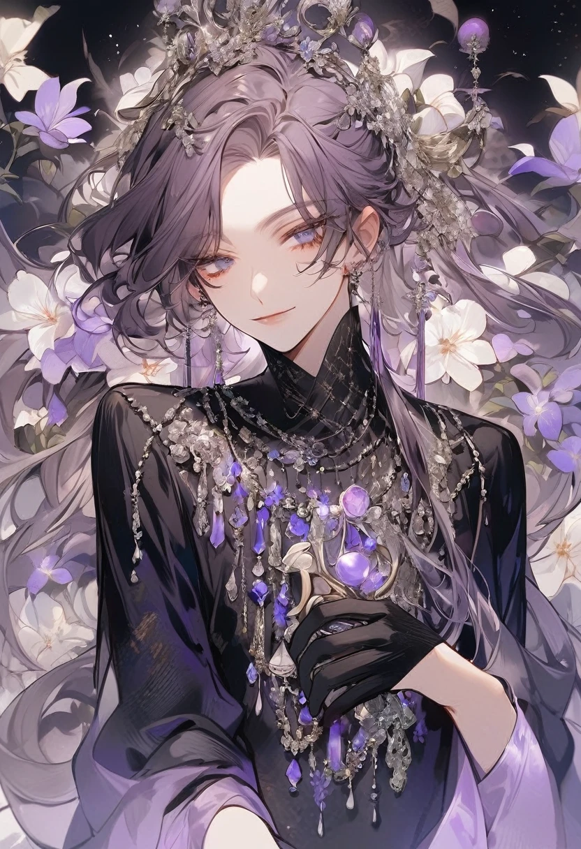 Feminine boy, soft womanish facial features, smile, squinted siren dark blue eyes without glare, silver and dark purple long loose hair with straight bang, fantasy black clothes with blue and purple elements, long black gloves, model, gorgeous, elegant, lots of silver jewelry, flowers in his hair, skinny body, hourglass figure, light lipstick