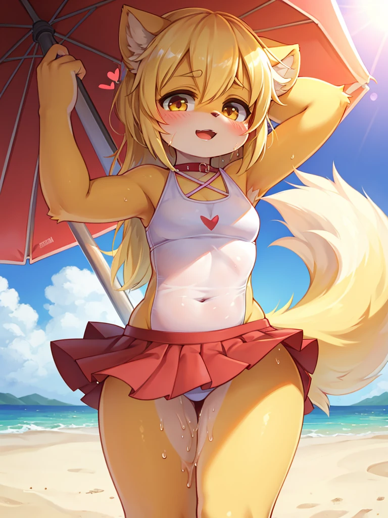 sunny beach , girl , (curtsy) , My heart is pounding , pee , Get soaked , (legs apart:0.2)
