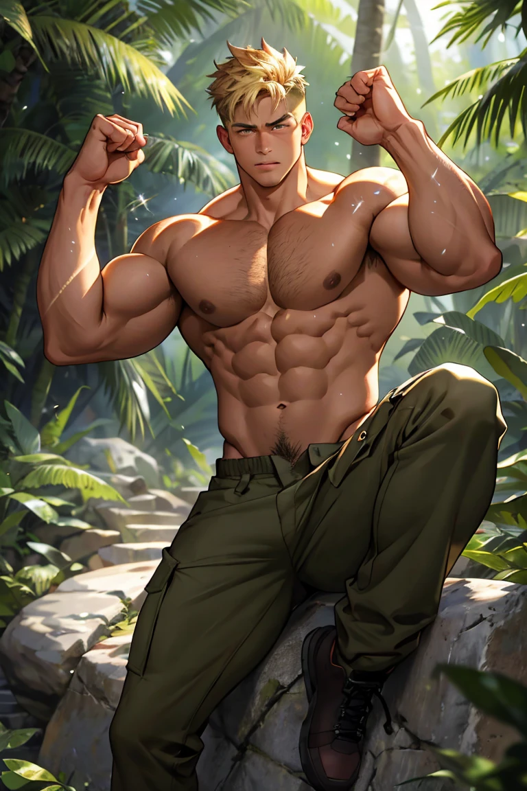 (masterpiece, Best quality  boy), 1 boy, adult, huge muscles, big body, Slightly modify the abdominal contour, Short blonde hair，brown eyes, complicated, Rainforest, Muscles sparkle in the sun，shirtless，Wearing khaki adventure pants，outdoor adventure boots,pained expression，bite lip， bright colors,(depth of field:1.2),looking at the audience, sit on stone, huge hyper muscle, hands up