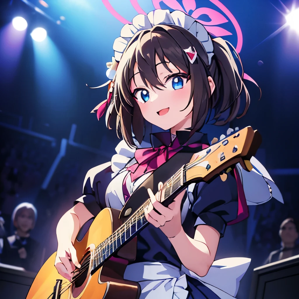 ((masterpiece)), ((best quality)), (ultra-detailed), anime style, Live performance venue, a cute girl, 1girl, solo, playing the guitar00, maid00, ((beautiful eyes))0, smile