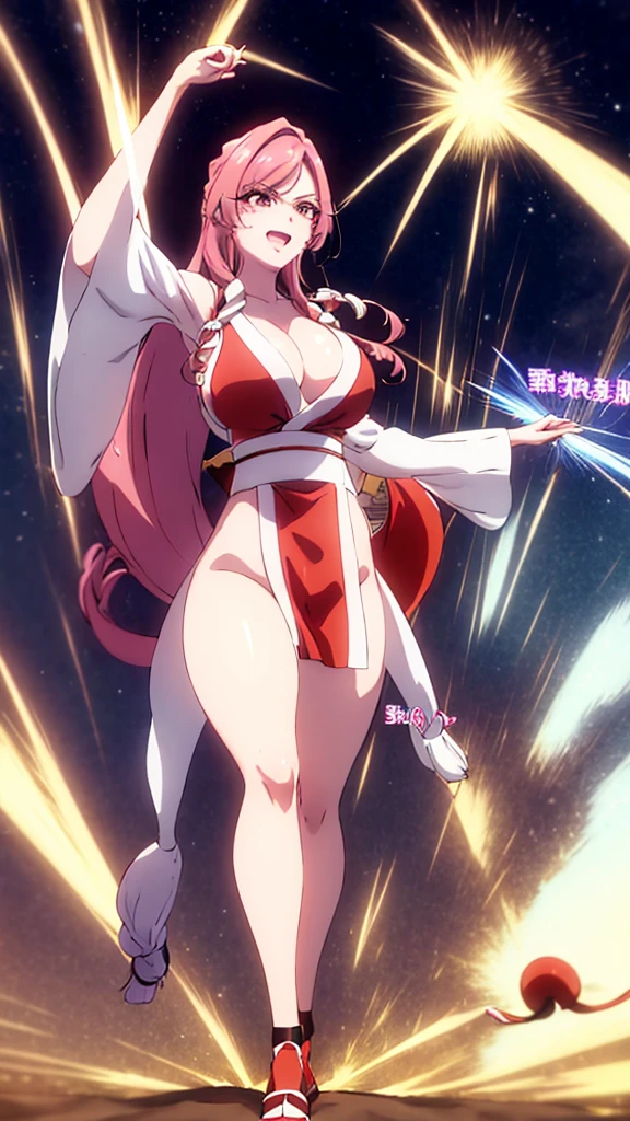 solo, Hahari Hanazono, adult, hair ornament, big breasted, cleavage, full body, long hair, hair ornament gorgeous legs and thighs, cosplaying as Mai Shiranui, she is getting ready to fight, making her guard pose, looking at the viewer, sweating , feeling confident and proud, smiling joyfully and happily, bouncing breasts, fighting scene, martial arts tournament on the beach