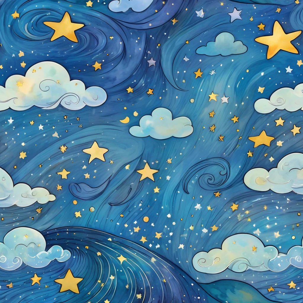 starry night sky with clouds and stars and a wave, stars and paisley filled sky, night sky with clouds and stars, cosmic starry sky, sky strewn with stars, starry background, stary sky, starry night sky, baroque painting. star lit sky, background is made of stars, ocean pattern and night sky, stary night painting, dreamy illustration, starry sky