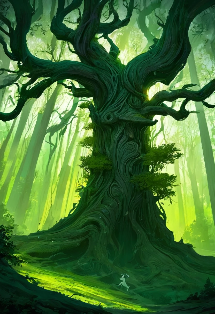 This image depicts a fascinating scenery in the burning green forest, where an old warrior with his shoulders showing, serene and at the same time threatening is highlighted, well-defined contours, with a big white deer behind him. The dynamic shadowy landscape in the background and the twisted, twisted tree trunk add a sense of mystery and enchantment to the scene.. Shadowy natural lighting brings out details in digital art, which features a bright and vibrant color palette and colorful. Image quality is exceptional, highlighting visual elements impressively.